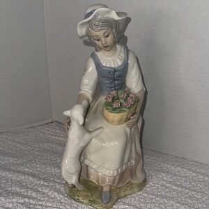 Tengra “Girl with Lamb” holding a basket of pink flowers, porcelain figurine VTG